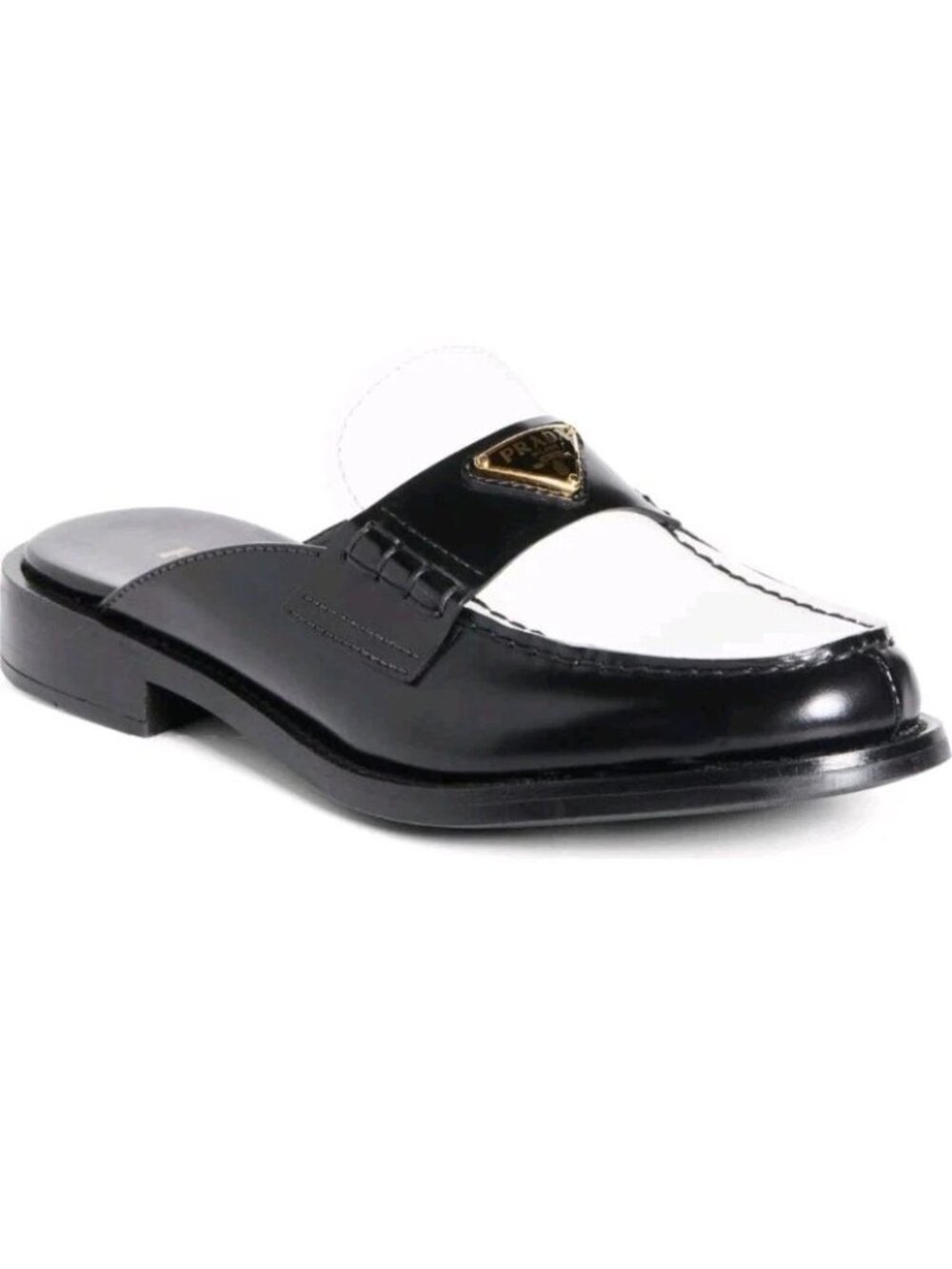 $1,200 Prada Brushed Leather Bi-color Triangle Logo Loafer Mule EU 39 US 9 BNIB